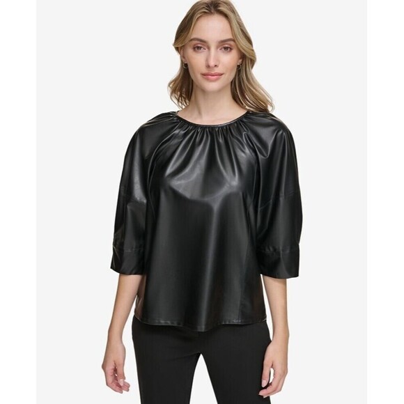 Calvin Klein Women's Short-Sleeve Faux-Leather Top Blouse Black Size Large - Picture 1 of 4